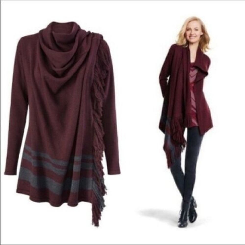 CAbi Port Fringe Wrap Eggplant Wrap Sweater #3002